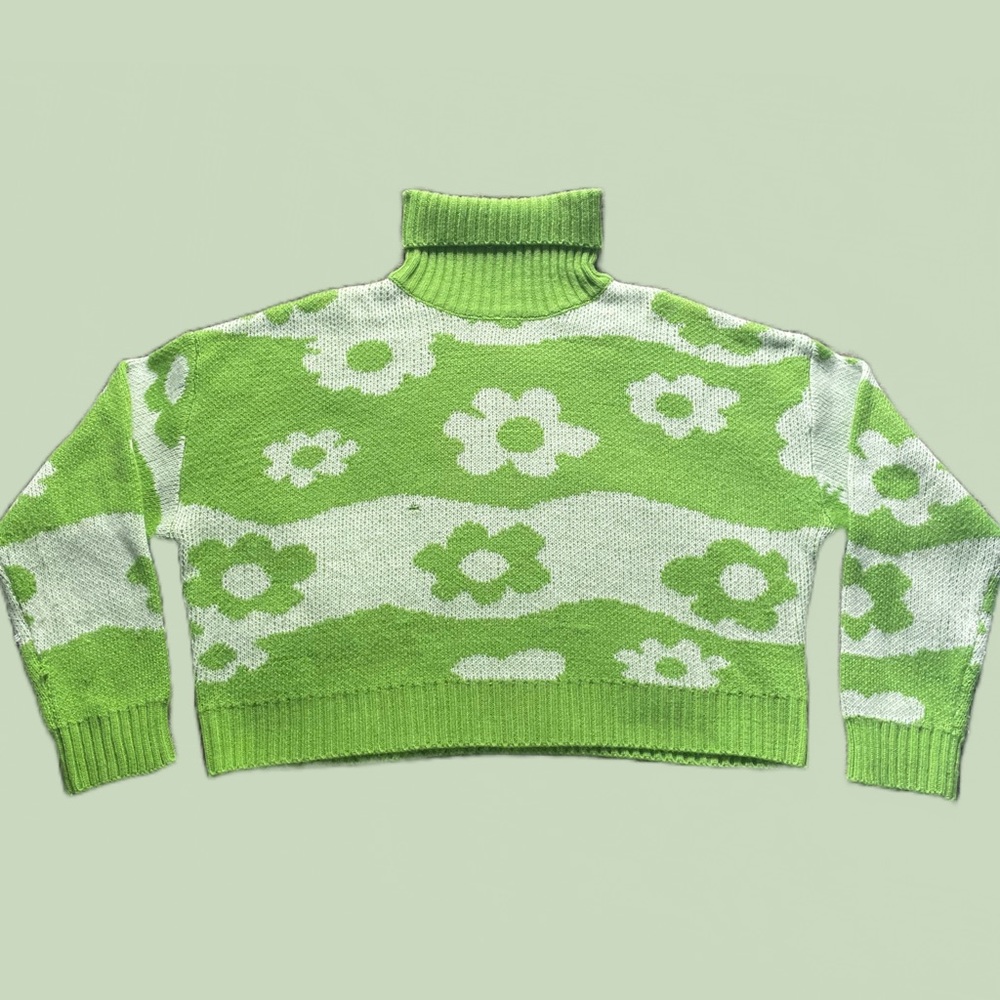 Shein Retro Floral Knit Cropped Turtleneck Sweater